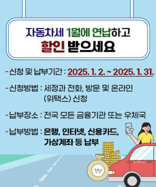 자동차세 1월에 연납하고 할인 받으세요 -신청 및납부기간 : 2025. 1. 2. ~ 2025. 1. 31.   -신청방법 : 세정과 전화, 방문 및 온라인(위택스) 신청 -납부장소 : 전국 모든 금융기관 또는 우체국 -납부방법 : 은행, 인터넷, 신용카드, 가상계좌 등 납부