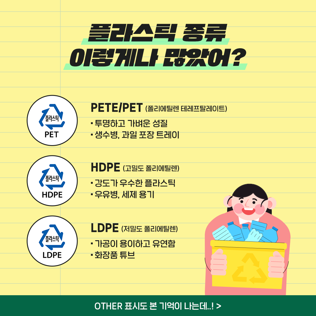 플라스틱 종류 이렇게나 많았어?  PETE/PET (폴리에틸렌 테레프탈레이트) - 투명하고 가벼운 성질 - 생수병, 과일 포장 트레이  HDPE (고밀도 폴리에틸렌) - 강도가 우수한 플라스틱 - 우유병, 세제 용기  LDPE (저밀도 폴리에틸렌) - 가공이 용이하고 유연함 - 화장품 튜브  OTHER 표시도 본 기억이 나는데!!